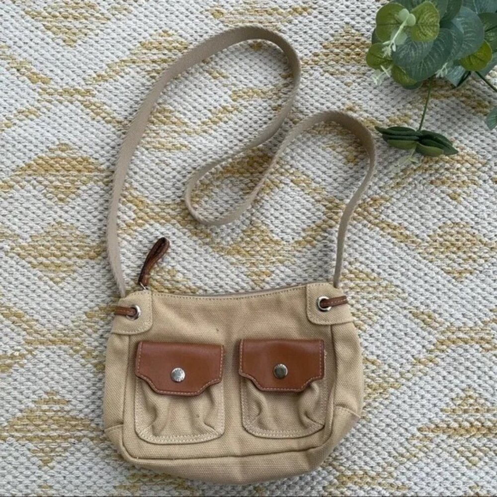 👜 Fossil Tan Canvas Small Shoulder Bag Y2K Style Zip Front Pockets Boho Retro‎